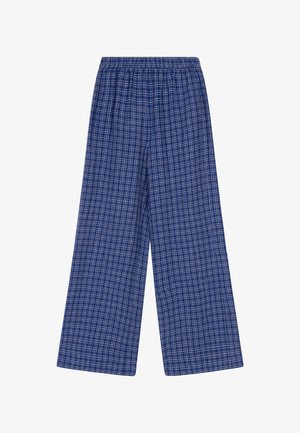 Blauwe broek met wijde pijpen, witte ruitpatroon en elastische tailleband, weergegeven tegen een effen witte achtergrond.