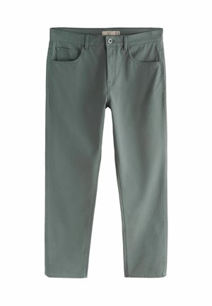 Men's straight-leg gray pants with front button and zipper, belt loops, and side pockets, shown on a white background.