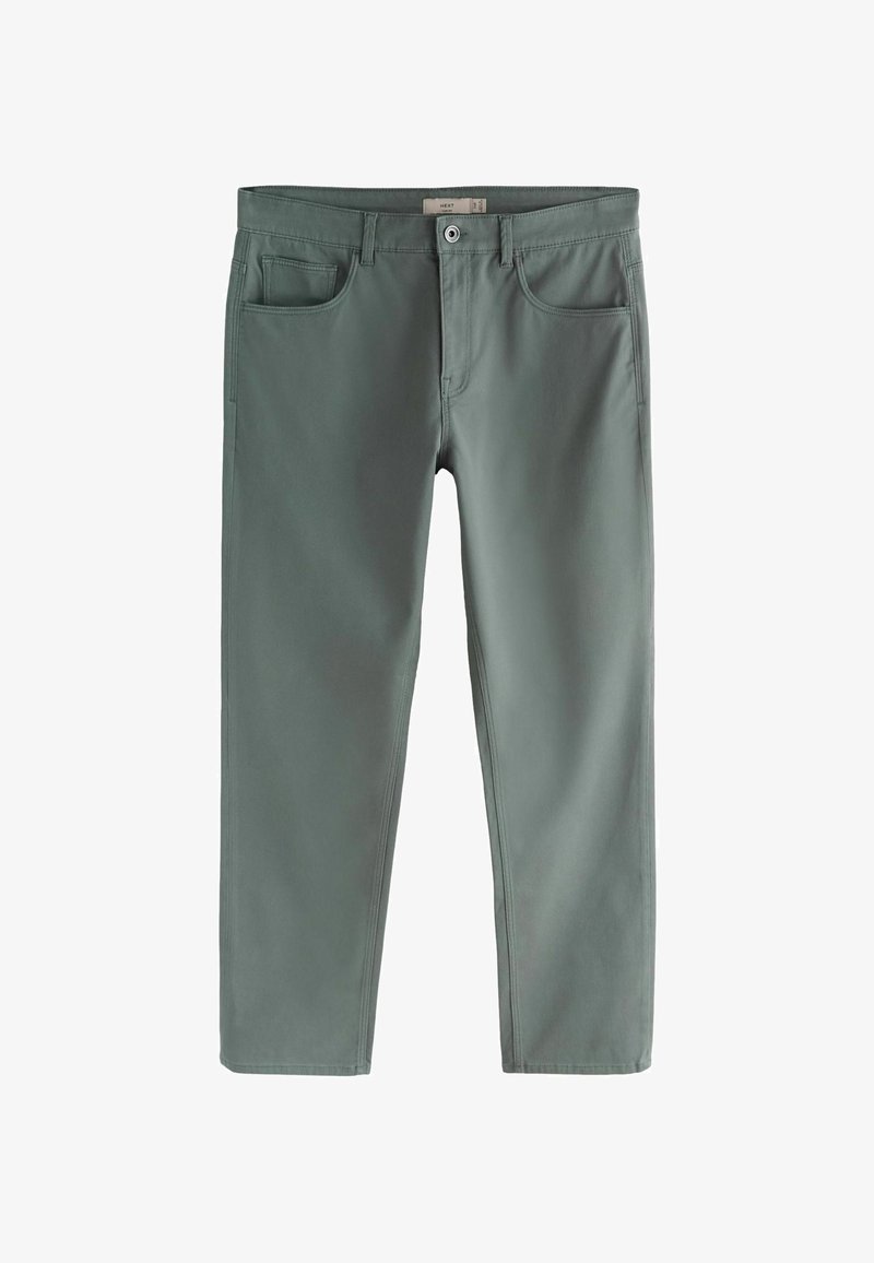 Pantalon gris pour hommes, coupe droite, avec bouton et fermeture éclair à l'avant, passants pour ceinture et poches latérales, présenté sur un fond blanc.