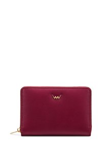 Burgundy leather wallet featuring a smooth texture, gold hardware logo, and a zip closure. Compact rectangular shape with clean lines.