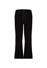 Zwarte wijde broek gemaakt van zachte stof, met een elastische tailleband en een trekkoord. Glad van textuur met een eenvoudig ontwerp.