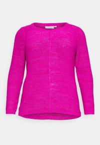 Maglione lavorato a maglia di un brillante colore rosa, con maniche lunghe, scollo rotondo e orlo posteriore leggermente più lungo. Presenta un tessuto leggero e texture.