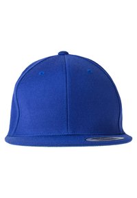 Blå fladskygget baseballkasket lavet af struktureret stof, med en rund krone, seks topøjer og en syet skygge.