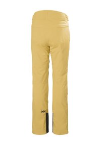Geel waterdichte broek met een rechte snit, elastische tailleband en zwarte accenten aan de zoom. Beschikt over een strakke, gladde structuur.