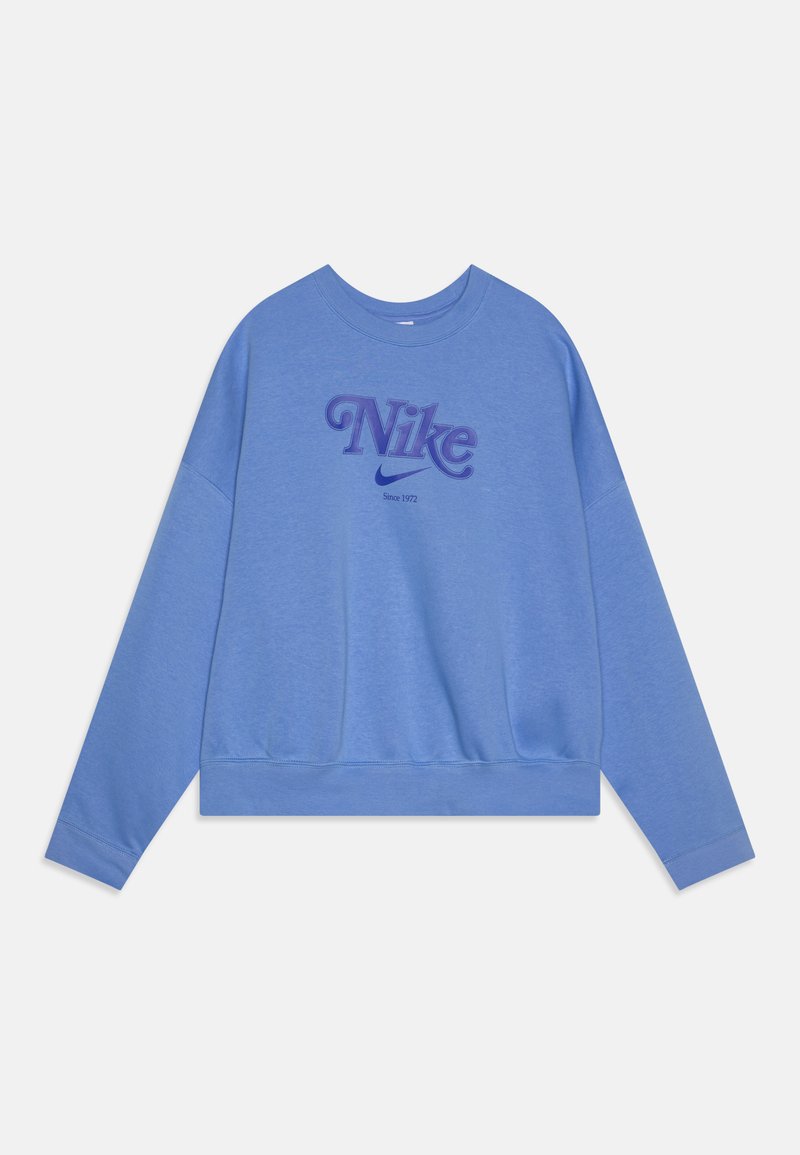 Világoskék pulóver kerek nyakkal, lazább szabásban, bordázott mandzsettával. Sötétlila színű "Nike" felirattal és egy kis logóval alatt.
