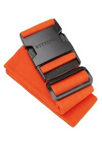 Correa de nylon naranja con una hebilla de plástico negro que presenta acentos texturizados y el logo "WITTCHEN". Diseño duradero y ajustable.