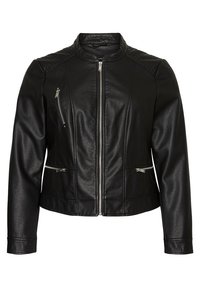 Veste en cuir noir à coupe ajustée, col montant, fermeture éclair à l'avant et deux poches latérales avec accents argentés. Épaules texturées.