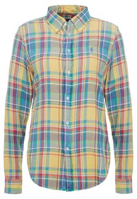 Camicia a bottoni in tessuto a quadri gialli con motivi a check blu, verdi e rossi, maniche lunghe e colletto standard.