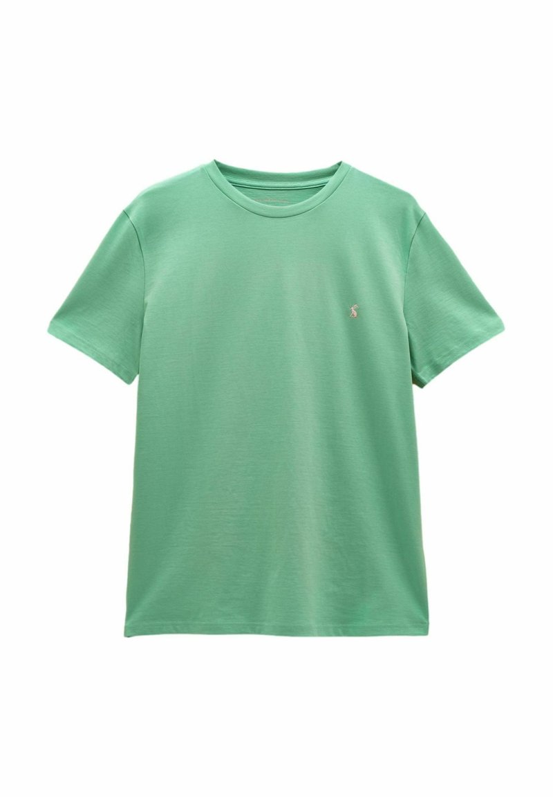 Schlichtes, kurzärmeliges T-Shirt in Mintgrün mit Rundhalsausschnitt und kleinem gesticktem Logo auf der linken Brust, auf weißem Hintergrund dargestellt.