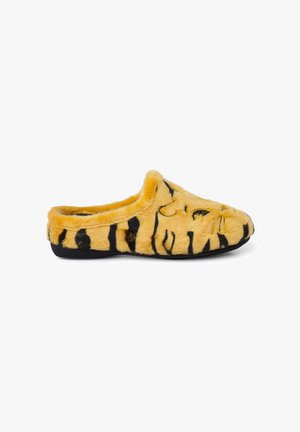 Yellow fuzzy slipper with black tiger stripes, soft texture, rounded shape, and black sole. Open back design for easy wear.