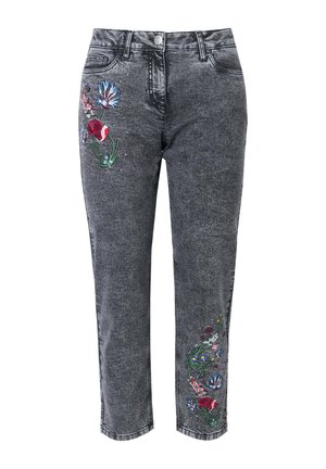 Jeans in denim grigio con ricami floreali in rosso, blu e verde, caratterizzati da una vestibilità dritta e design a cinque tasche.