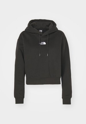Sweat à capuche noir en mélange de coton, avec un design court, des manches longues, des cordons de serrage et un logo brodé blanc sur la poitrine.