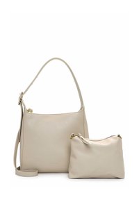 Beige leather handbag set, featuring a large shoulder bag with a smooth finish and a smaller pouch with a zip closure, both with gold accents.