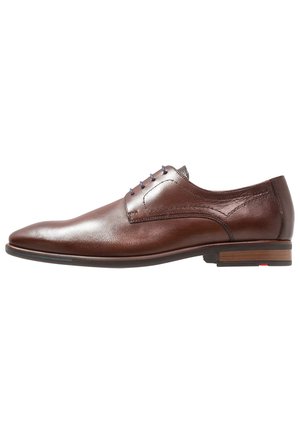 Brown leather dress shoe with a sleek design, pointed toe, and subtle stitching. Features blue laces and a low heel with wooden accents.