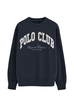 Felpa blu navy con testo "POLO CLUB Beyond Classics Established 2012" in bianco e beige, caratterizzata da polsini e orlo a costine.
