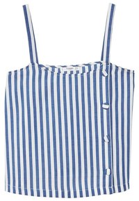 Pruhované modro-bílé tílko s tenkými ramínky, zaobleným výstřihem a třemi knoflíky vpředu. Vyrobeno z lehké tkaniny.
