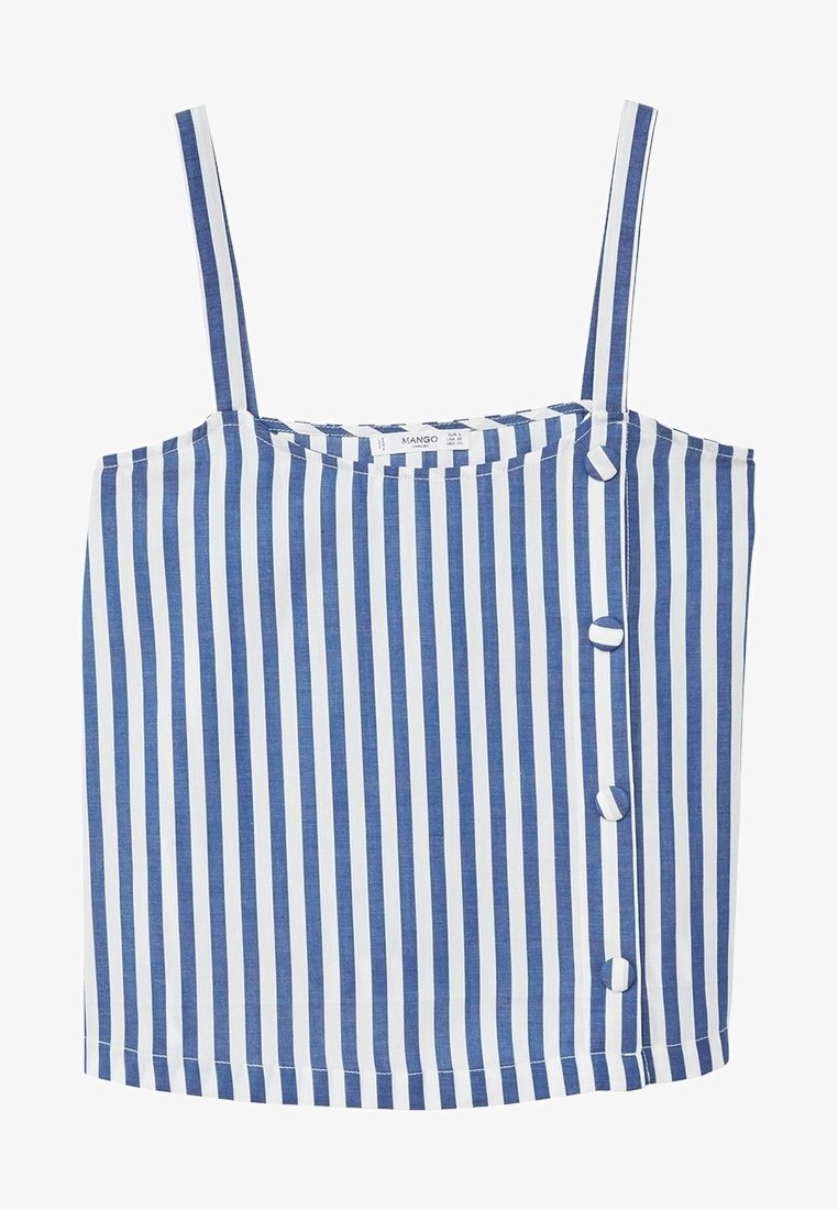 Pruhované modro-bílé tílko s tenkými ramínky, zaobleným výstřihem a třemi knoflíky vpředu. Vyrobeno z lehké tkaniny.