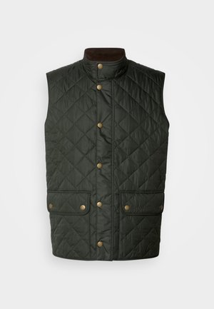 Gequilted groene vest met hoge kraag, gouden drukknoopjes en dubbele voorzakken, gemaakt van een gladde, gestructureerde stof.