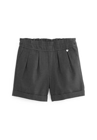 Pantaloni shorts grigi a pieghe con vita piatta, risvolti e un piccolo cuore decorativo sul lato. Il tessuto sembra liscio con una sottile texture.