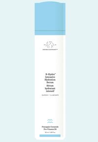 Clear, rectangular white bottle with a light blue cap. Features brand logo and product text, detailing "B-Hydra Intensive Hydration Serum."