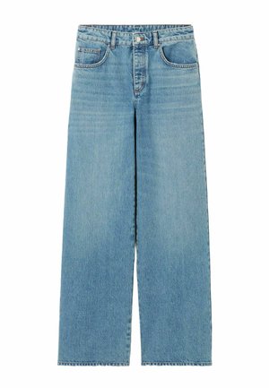 Jeans en denim bleu clair avec une taille haute, une jambe large, un design classique à cinq poches et une fermeture à bouton. La texture semble lisse avec un léger délavage.