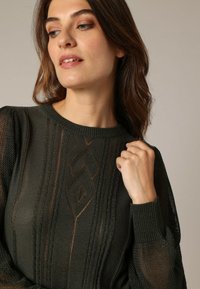 Donkergroen gebreid sweater met textuurpanelen, geribbelde halslijn en doorschijnende gebreide mouwen. Bevat geometrische patronen en zachte stof.