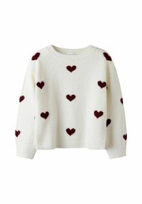 Hvid sweater med en blød tekstur, prydet med maroon hjerte mønstre jævnt fordelt over overfladen. Basis rund halsudskæring og afslappet fit.