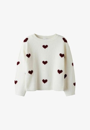Weißer Pullover mit weicher Textur, der gleichmäßig verteilte bordeauxrote Herzmuster auf der Oberfläche aufweist. Grundlegender runder Ausschnitt und lockere Passform.