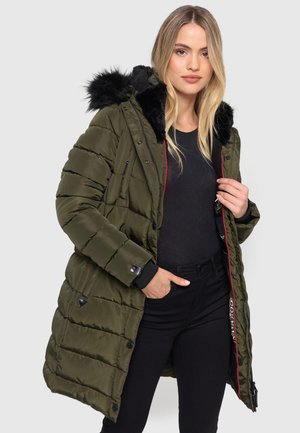 Padded olive green parka with a detachable black faux fur hood, zipper and button closure, elastic cuffs, and side pockets.