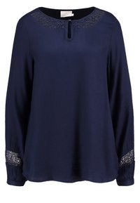 Camicia blu navy con maniche lunghe, dettagli in pizzo sullo scollo e sui polsini, chiusura con bottoni al collo, realizzata in tessuto morbido.