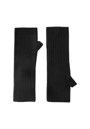 Paire de gants noirs sans doigts avec motif en maille côtelée s'étendant du poignet aux articulations et ouverture séparée pour le pouce.