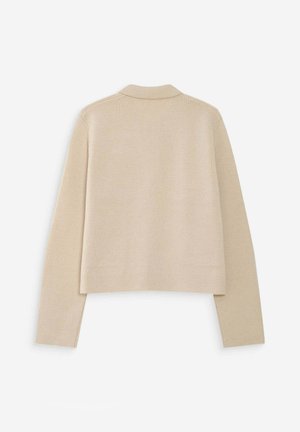 Pull en maille beige à manches longues avec un petit col et un ourlet droit, présenté de dos sur un fond blanc uni.