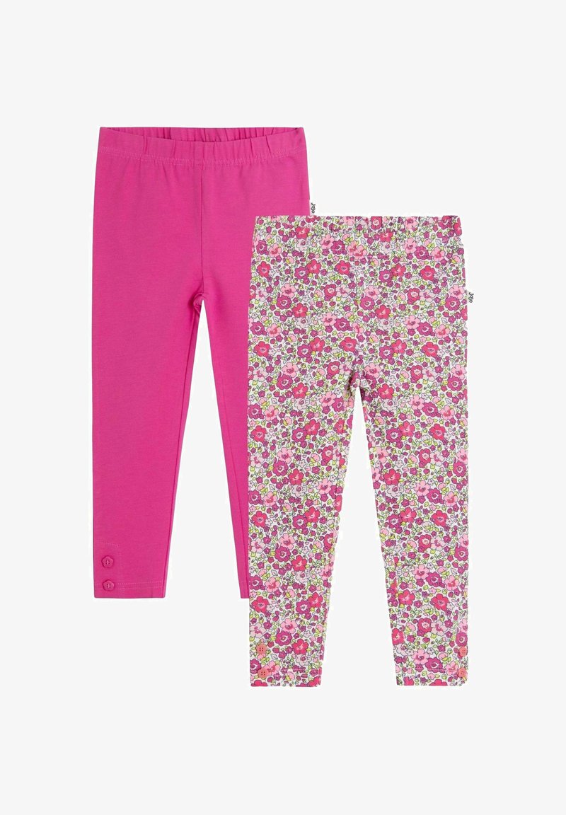 Dos pares de leggings: uno rosa sólido con botones laterales, el otro blanco con patrones florales coloridos. Tela suave y elástica, diseño ajustado.