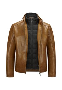 Braune Lederjacke mit Kragen, Reißverschluss und gepolsterem Innenfutter. Verfügt über zwei Seitentaschen und eine glatte Oberfläche.