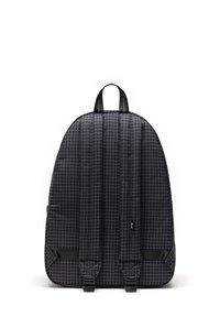 Black backpack with a grid pattern, featuring padded straps, a top handle, and adjustable buckles. Smooth texture and rounded shape.
