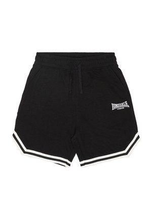 Schwarze Sportshorts mit elastischem Bund, Kordelzug, weiß gestreiftem Saum, Seitentaschen und "Lonsdale London"-Logo am linken Oberschenkel.