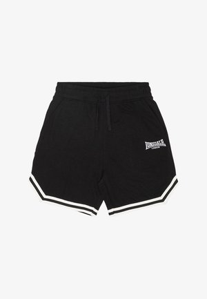 Sorte atletikshorts med elastisk talje, snor, hvid stribet kant, sidelommer og "Lonsdale London"-logo på venstre lår.