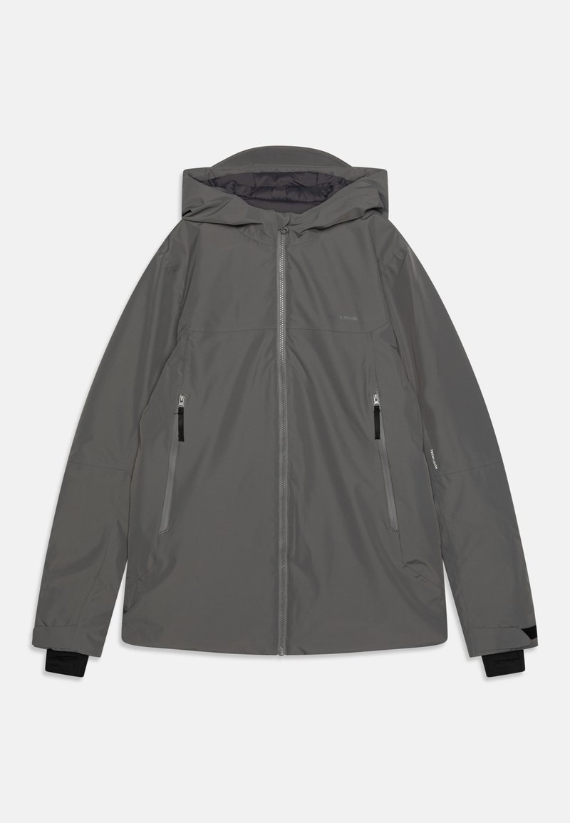 Veste imperméable grise avec capuche, fermeture éclair avant intégrale et deux poches latérales zippées. Présente des poignets en tissu noir et une texture lisse.