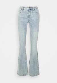 Lichtblauwe flare jeans van denim, met een hoge taille, voorzakken en een vervaagde wassing met subtiele slijtage aan de zijkanten van de zakken.