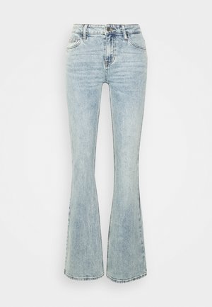 Jeans svasati blu chiaro in denim, con vita alta, tasche frontali e un lavaggio sbiadito con leggere sfumature vicino alle tasche.