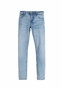 Hellblaue Denim-Jeans mit Slim-Fit, featuring dem klassischen Fünf-Taschen-Design, subtilen Ausbleichungen und genähten Säumen.