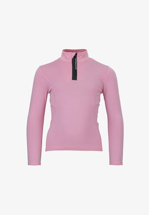 Roze langemouw top met een hoge kraag en zwarte rits, gemaakt van rekbaar materiaal. Heeft contrasterende stiksels en een logo op de kraag.