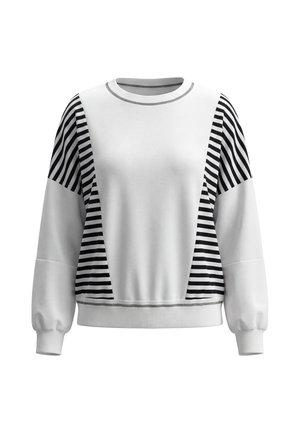 Sweat blanc avec des rayures horizontales noires sur le haut des manches et les côtés, poignets, ourlet et encolure ras-du-cou côtelés.