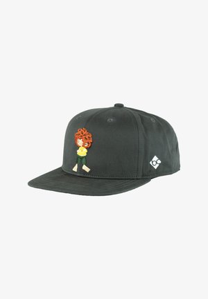 Black snapback cap with embroidered cartoon character with red hair crossing arms, and small white logo on side panel.