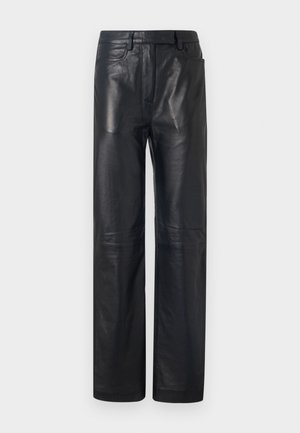 Black leather pants with a straight cut, featuring a smooth texture and classic five-pocket design. No visible hardware or accents.
