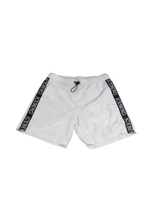Pantaloncini da bagno bianchi con coulisse nera e strisce laterali nere con testo ripetuto "ICEBERG" in bianco.