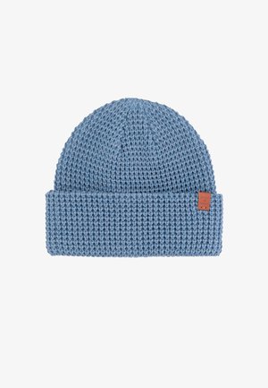 Gebreide beanie in zacht blauw, met een structuurpatroon en een omgeslagen boord. Inclusief een klein bruin leren logo-label.