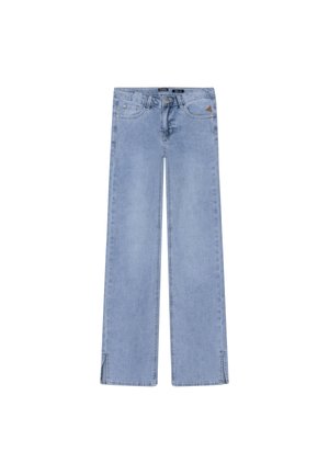 Jasnoniebieskie jeansy o prostych nogawkach z przednimi kieszeniami, szlufkami na pasek, zapięciem na guzik oraz małymi rozcięciami po bokach u dołu nogawek.