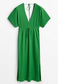 Robe midi verte texturée avec un décolleté en V profond, des manches courtes, un lien ajustable à l'arrière et des fentes latérales pour faciliter les mouvements.