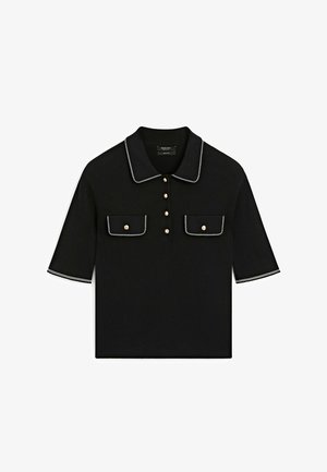 Black short-sleeve knit polo shirt with white trim on collar and sleeves, front gold buttons, and two buttoned chest pockets.